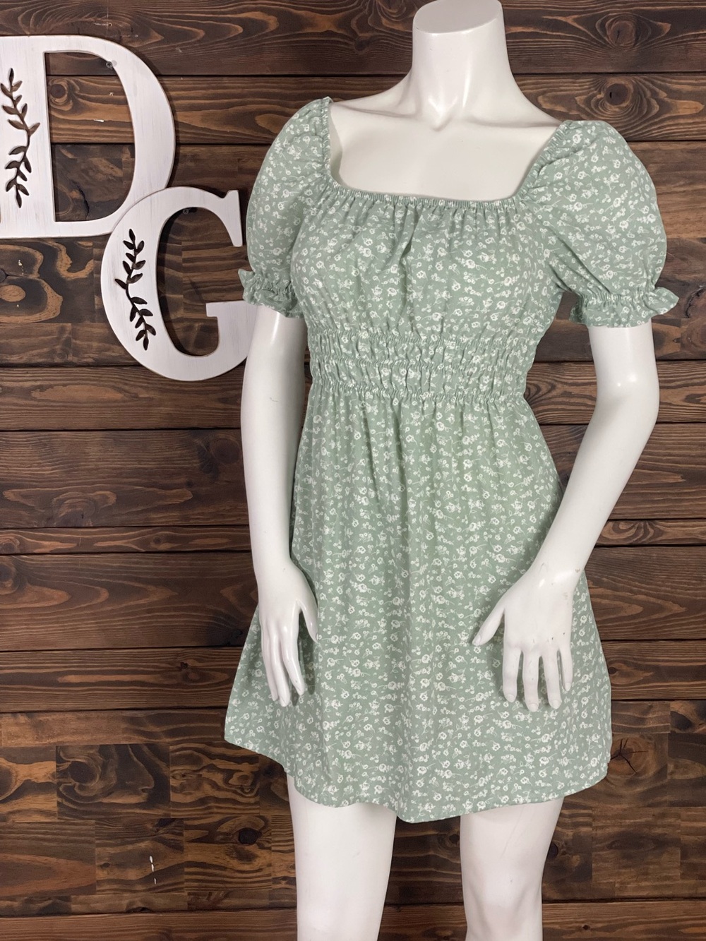 Iris | Smocked Waist Puff Sleeve Mini Dress Sage Floral Cottagecore